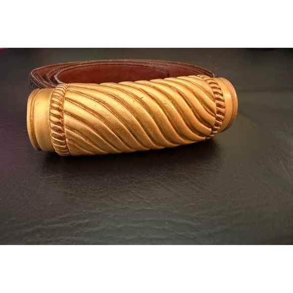 Vicenza Genuine Alligator Belt Women Black Gold Tone Vintage Ribbed Buckle 37.5\